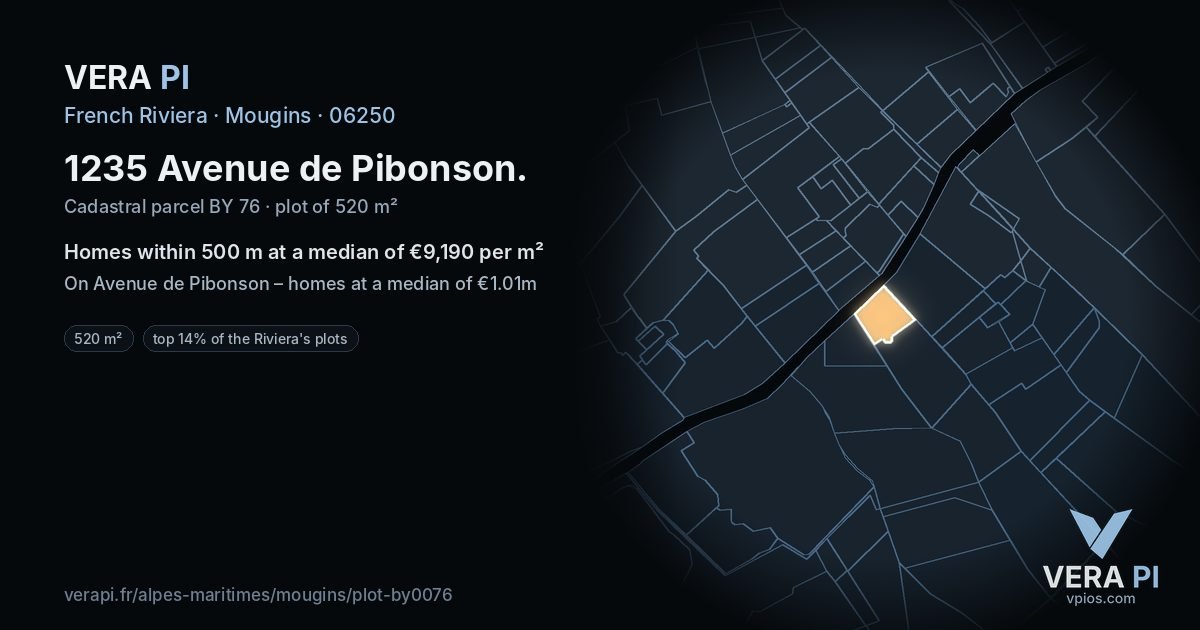 1235 Avenue de Pibonson, Mougins at night – the plot lit, the parcels around coloured by the prices near them