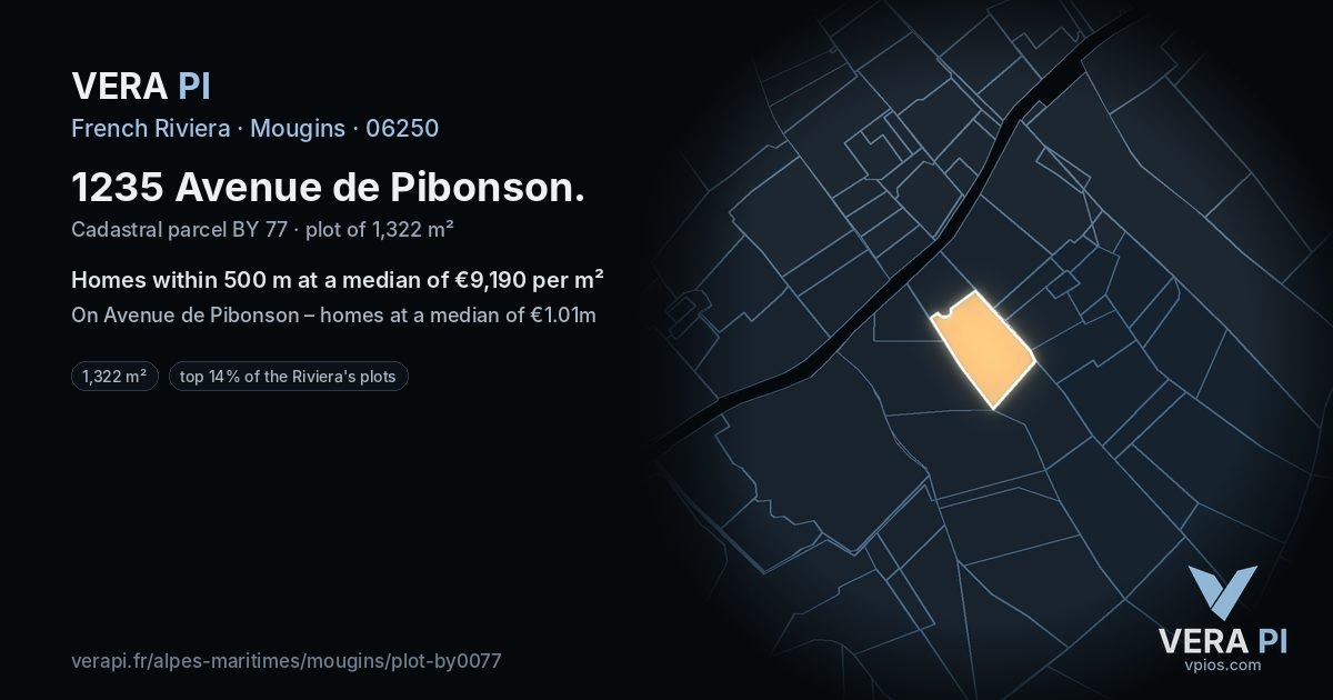 1235 Avenue de Pibonson, Mougins at night – the plot lit, the parcels around coloured by the prices near them