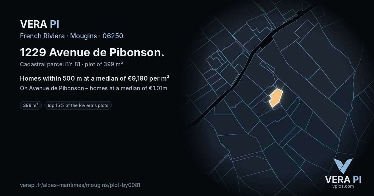 1229 Avenue de Pibonson, Mougins at night – the plot lit, the parcels around coloured by the prices near them