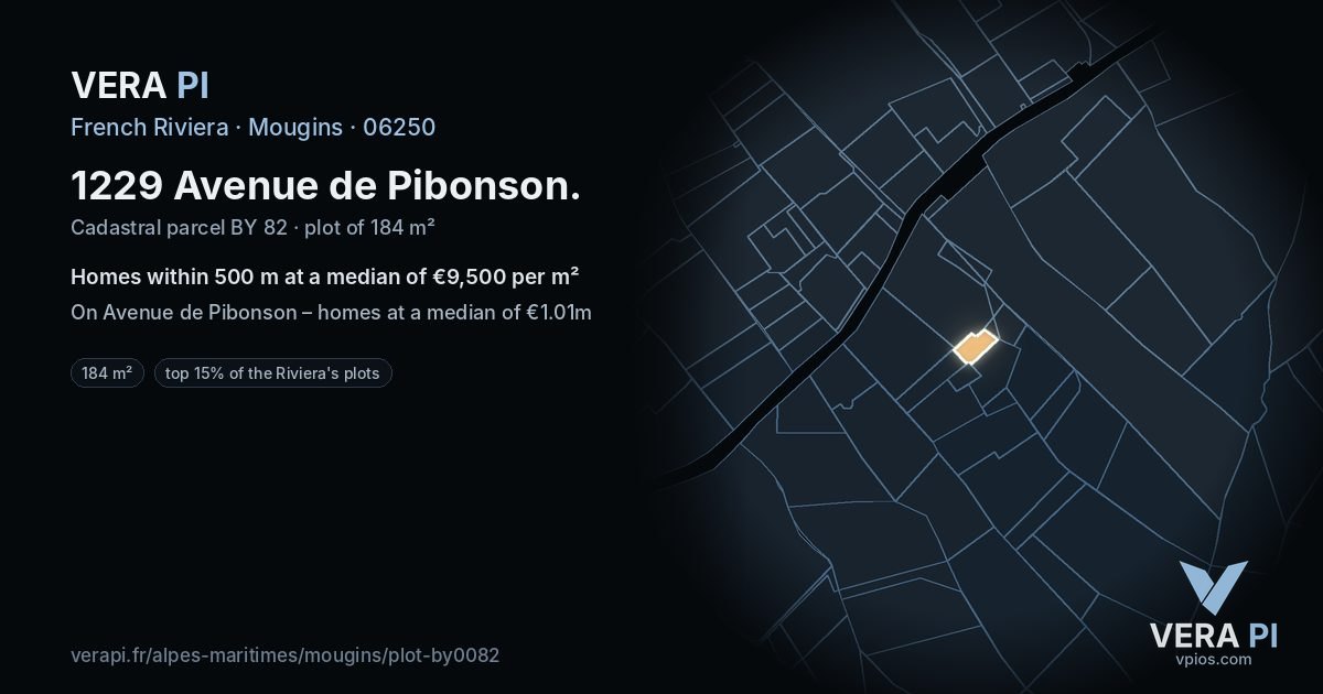1229 Avenue de Pibonson, Mougins at night – the plot lit, the parcels around coloured by the prices near them