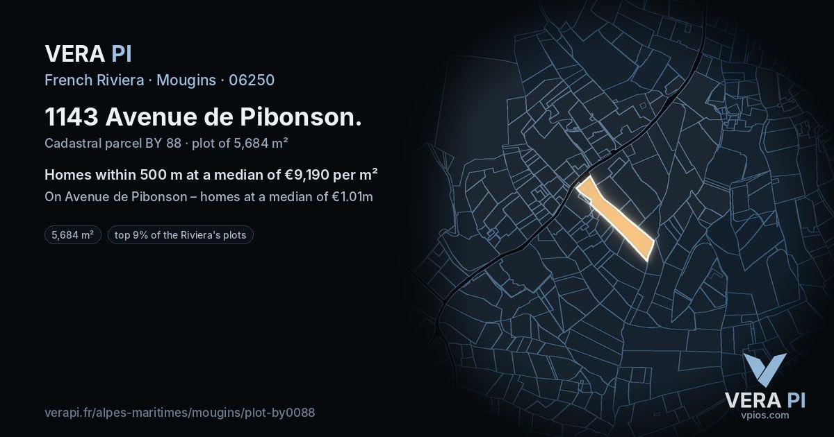 1143 Avenue de Pibonson, Mougins at night – the plot lit, the parcels around coloured by the prices near them