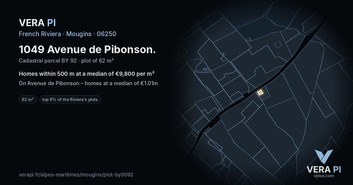 1049 Avenue de Pibonson, Mougins at night – the plot lit, the parcels around coloured by the prices near them