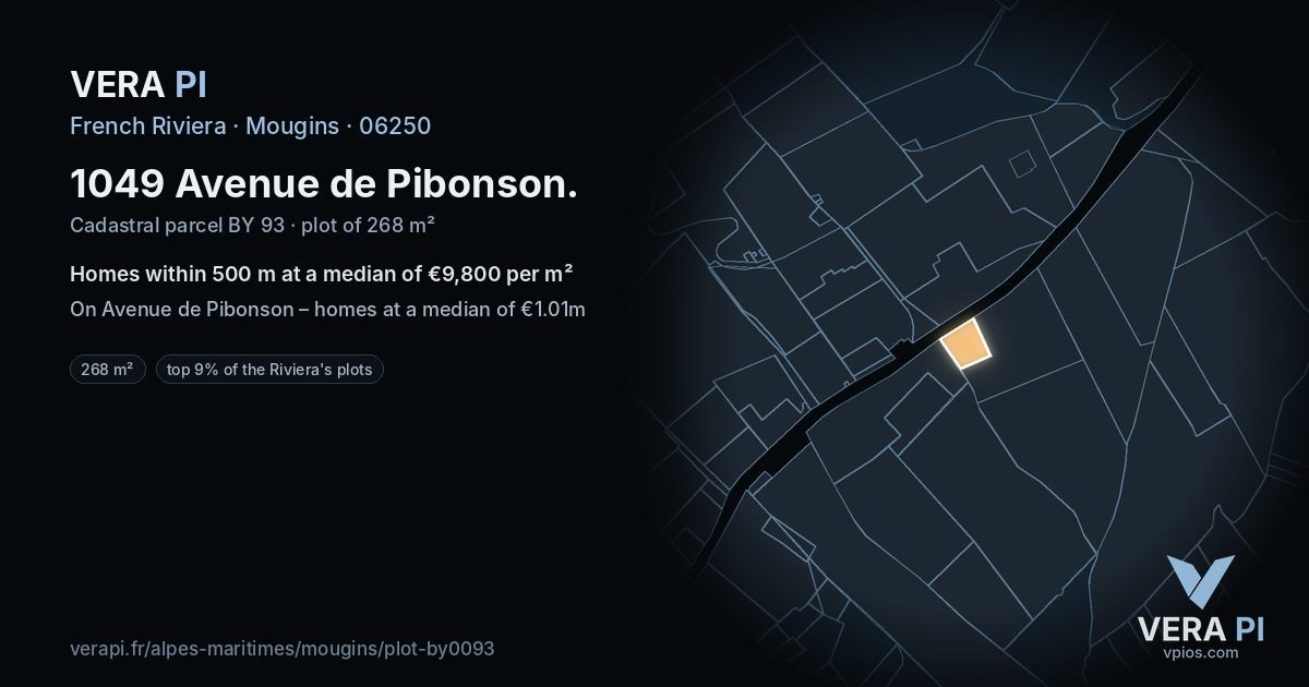 1049 Avenue de Pibonson, Mougins at night – the plot lit, the parcels around coloured by the prices near them