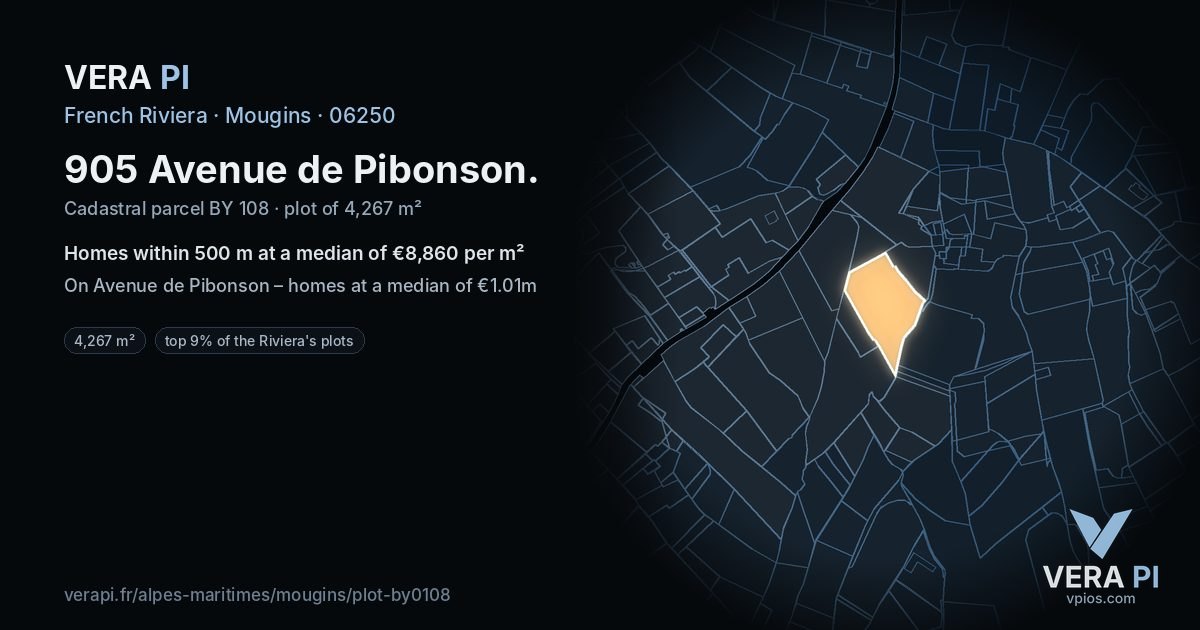 905 Avenue de Pibonson, Mougins at night – the plot lit, the parcels around coloured by the prices near them