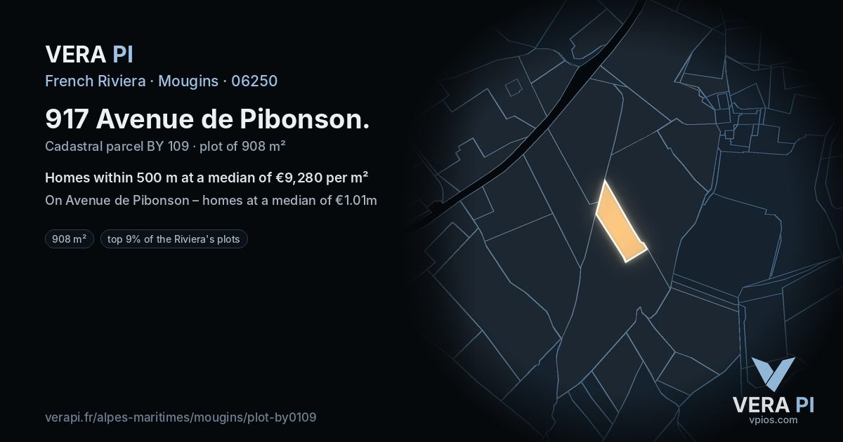 917 Avenue de Pibonson, Mougins at night – the plot lit, the parcels around coloured by the prices near them