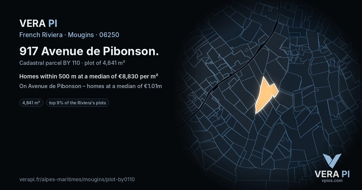 917 Avenue de Pibonson, Mougins at night – the plot lit, the parcels around coloured by the prices near them