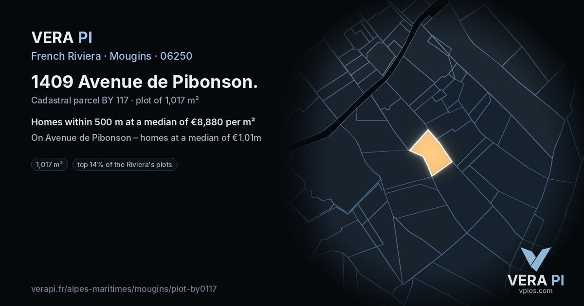 1409 Avenue de Pibonson, Mougins at night – the plot lit, the parcels around coloured by the prices near them