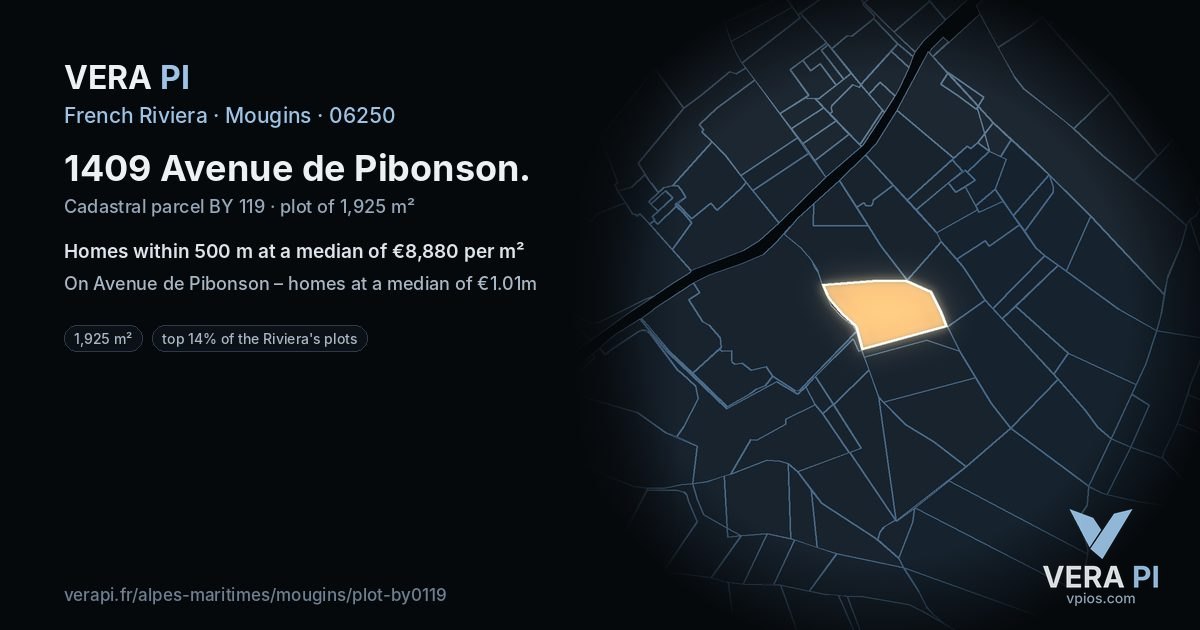 1409 Avenue de Pibonson, Mougins at night – the plot lit, the parcels around coloured by the prices near them