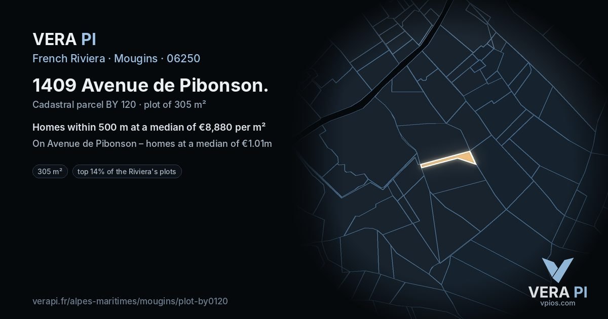 1409 Avenue de Pibonson, Mougins at night – the plot lit, the parcels around coloured by the prices near them