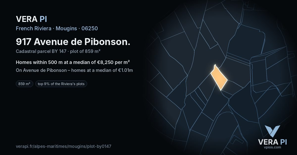 917 Avenue de Pibonson, Mougins at night – the plot lit, the parcels around coloured by the prices near them