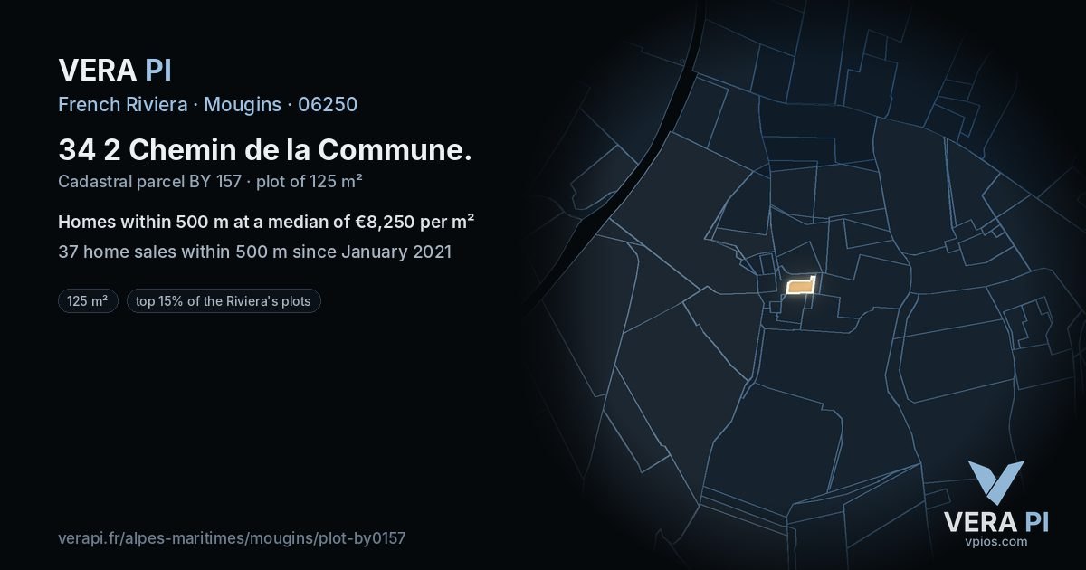 34 2 Chemin de la Commune, Mougins at night – the plot lit, the parcels around coloured by the prices near them