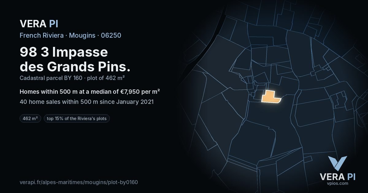 98 3 Impasse des Grands Pins, Mougins at night – the plot lit, the parcels around coloured by the prices near them