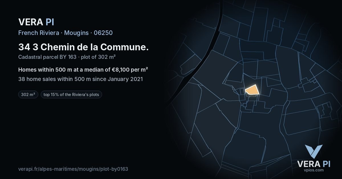 34 3 Chemin de la Commune, Mougins at night – the plot lit, the parcels around coloured by the prices near them