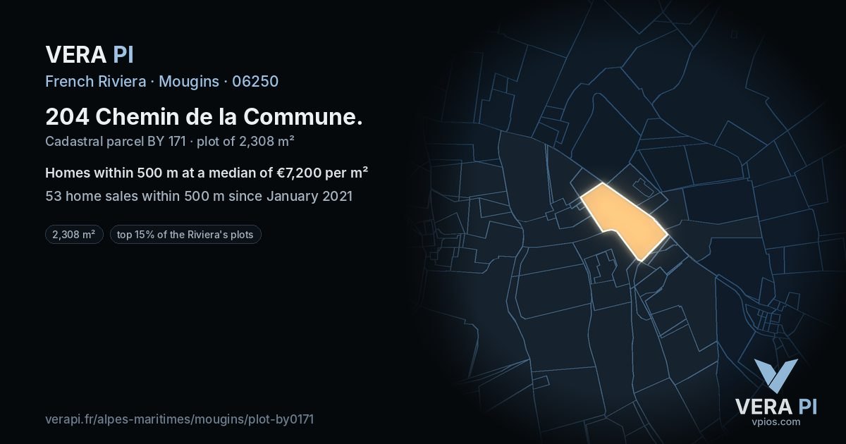 204 Chemin de la Commune, Mougins at night – the plot lit, the parcels around coloured by the prices near them