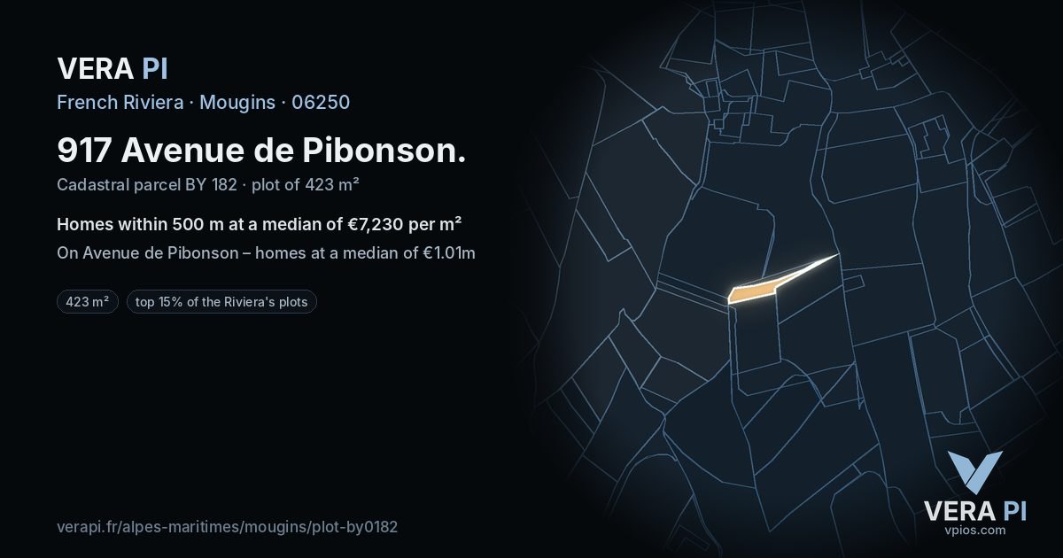 917 Avenue de Pibonson, Mougins at night – the plot lit, the parcels around coloured by the prices near them