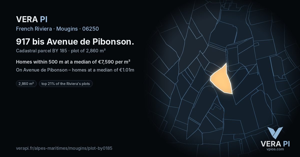 917 bis Avenue de Pibonson, Mougins at night – the plot lit, the parcels around coloured by the prices near them