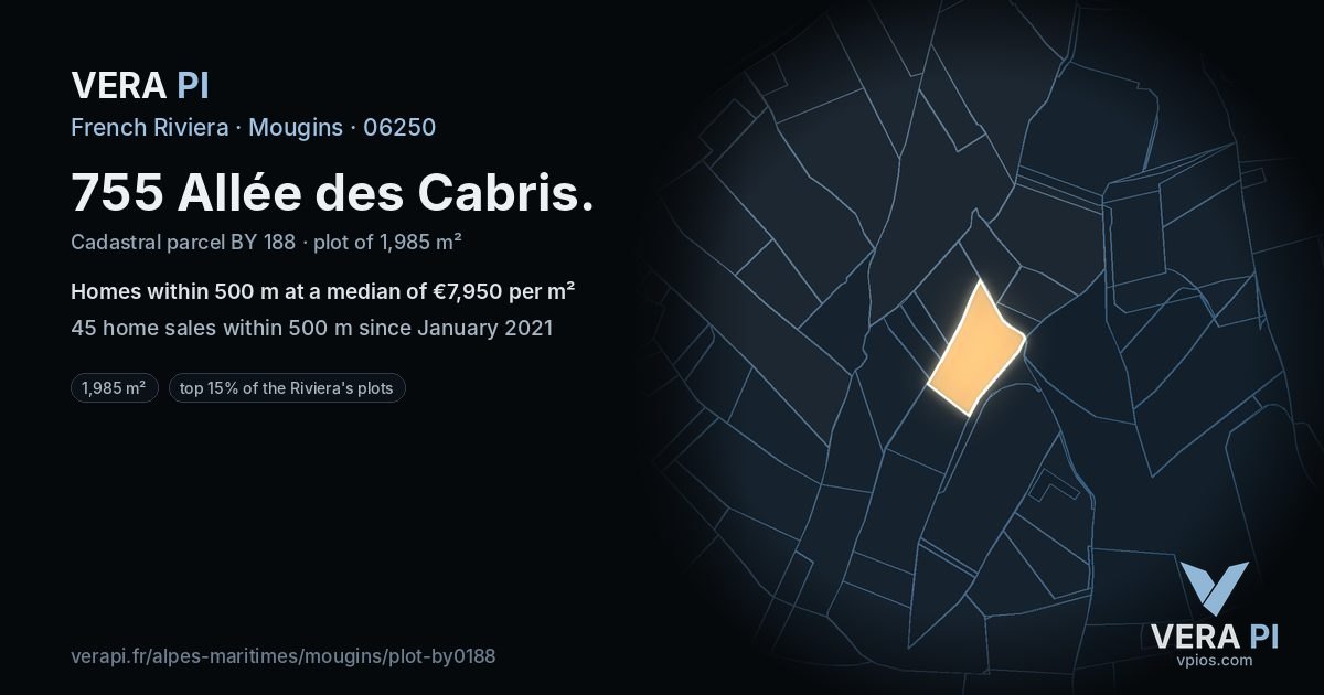 755 Allée des Cabris, Mougins at night – the plot lit, the parcels around coloured by the prices near them