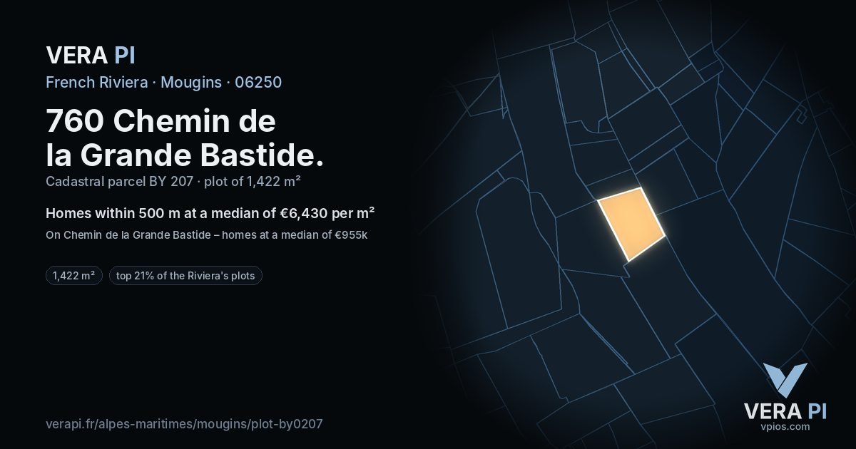 760 Chemin de la Grande Bastide, Mougins at night – the plot lit, the parcels around coloured by the prices near them