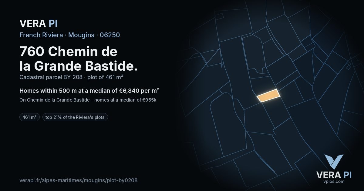 760 Chemin de la Grande Bastide, Mougins at night – the plot lit, the parcels around coloured by the prices near them