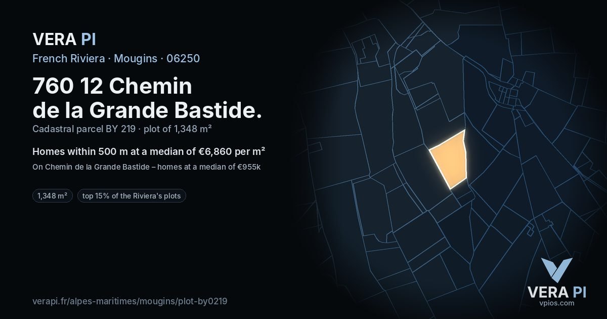 760 12 Chemin de la Grande Bastide, Mougins at night – the plot lit, the parcels around coloured by the prices near them