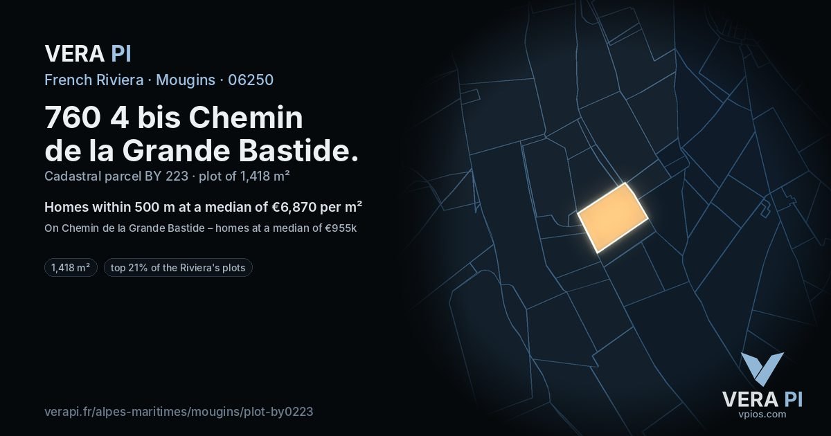 760 4 bis Chemin de la Grande Bastide, Mougins at night – the plot lit, the parcels around coloured by the prices near them