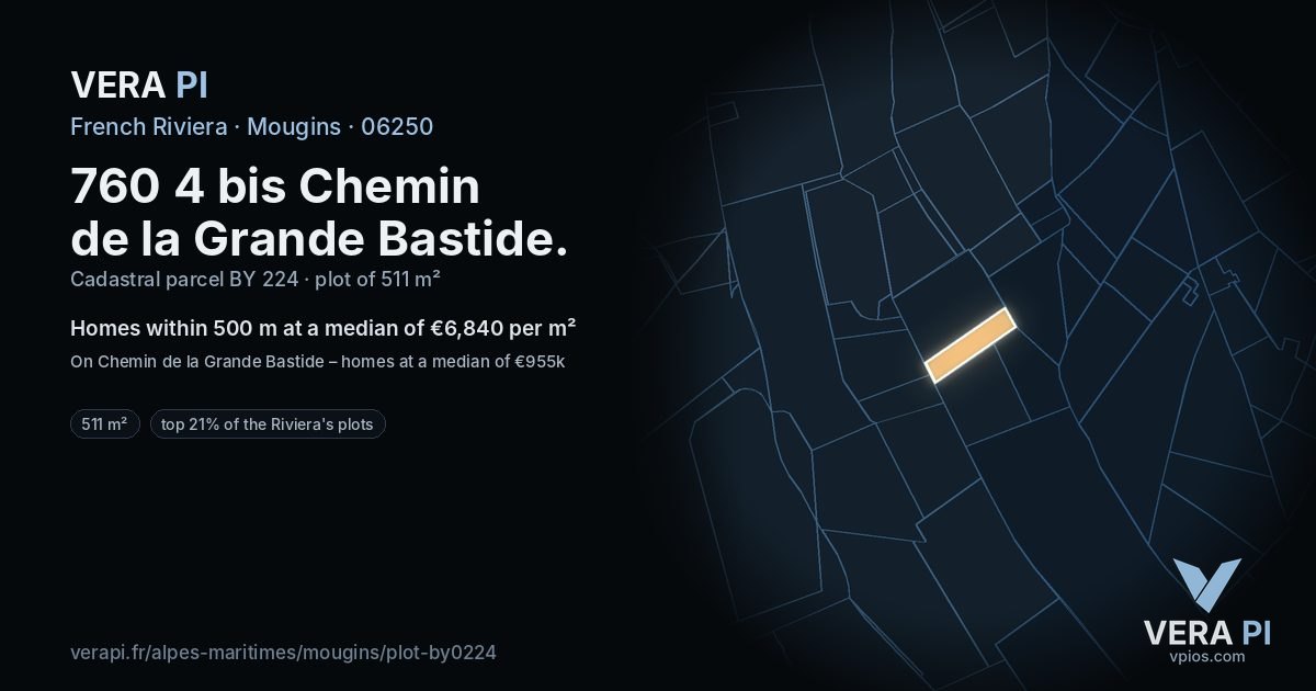 760 4 bis Chemin de la Grande Bastide, Mougins at night – the plot lit, the parcels around coloured by the prices near them