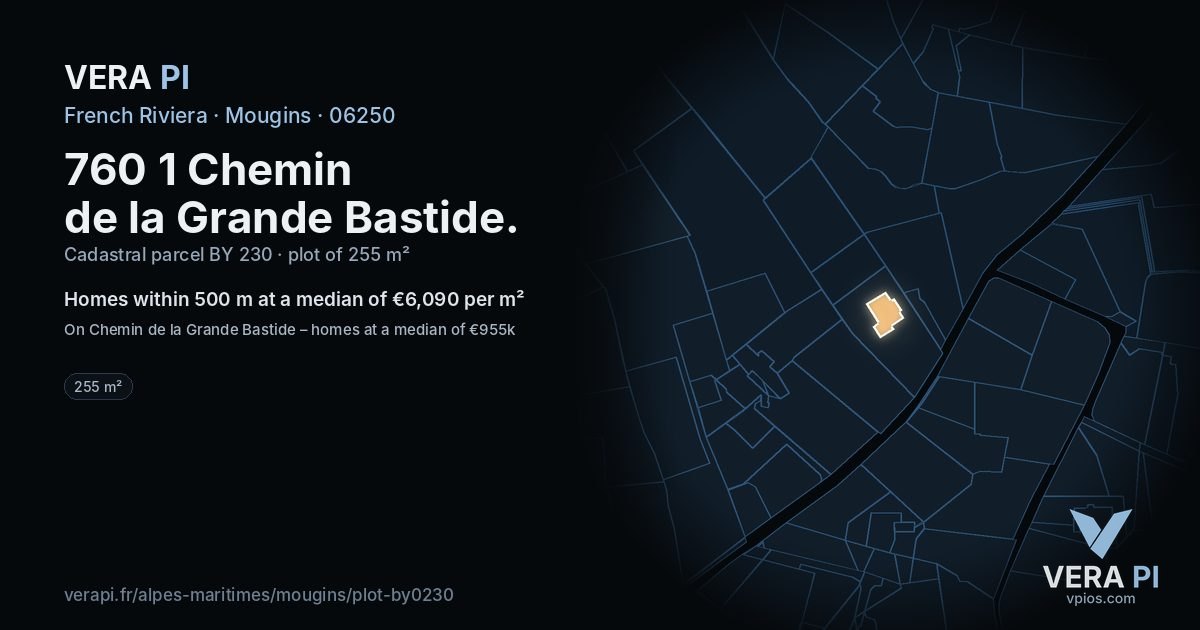 760 1 Chemin de la Grande Bastide, Mougins at night – the plot lit, the parcels around coloured by the prices near them