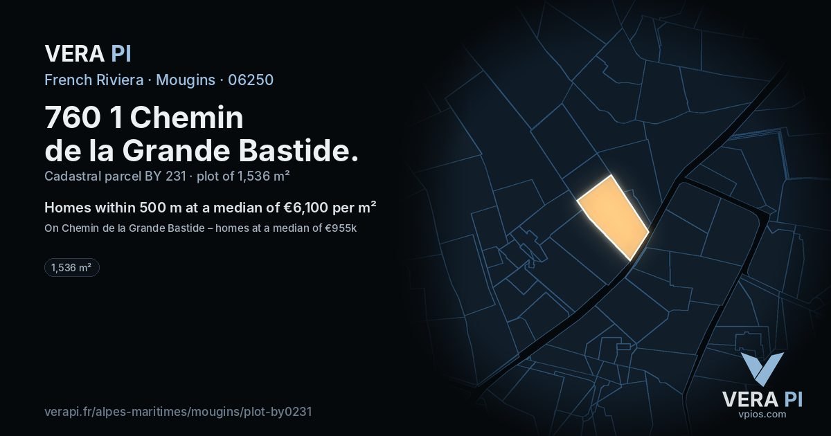 760 1 Chemin de la Grande Bastide, Mougins at night – the plot lit, the parcels around coloured by the prices near them