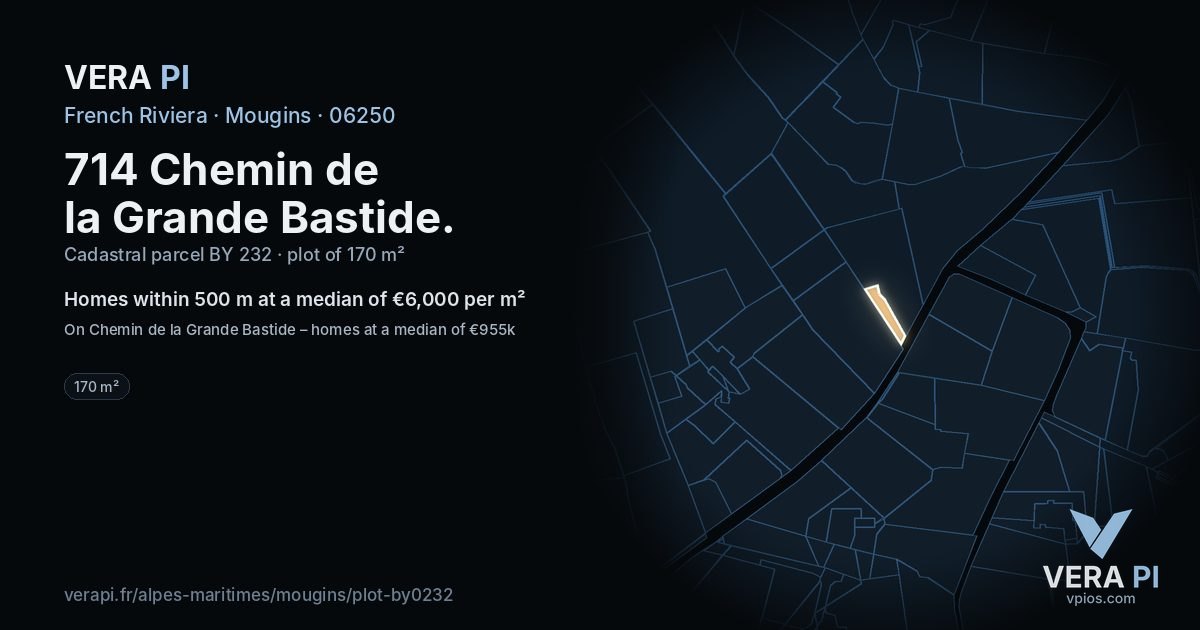 714 Chemin de la Grande Bastide, Mougins at night – the plot lit, the parcels around coloured by the prices near them