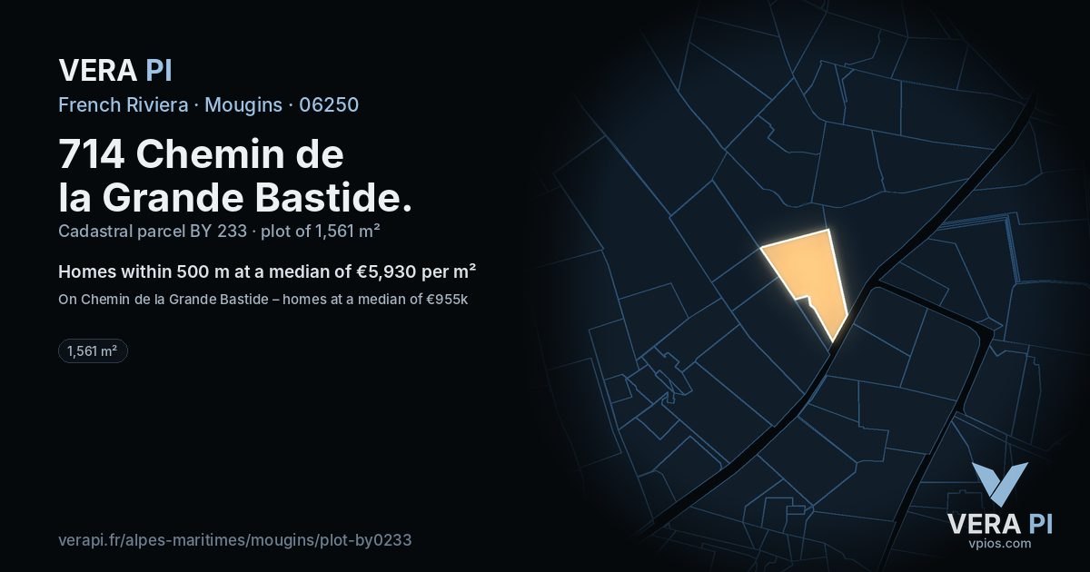 714 Chemin de la Grande Bastide, Mougins at night – the plot lit, the parcels around coloured by the prices near them