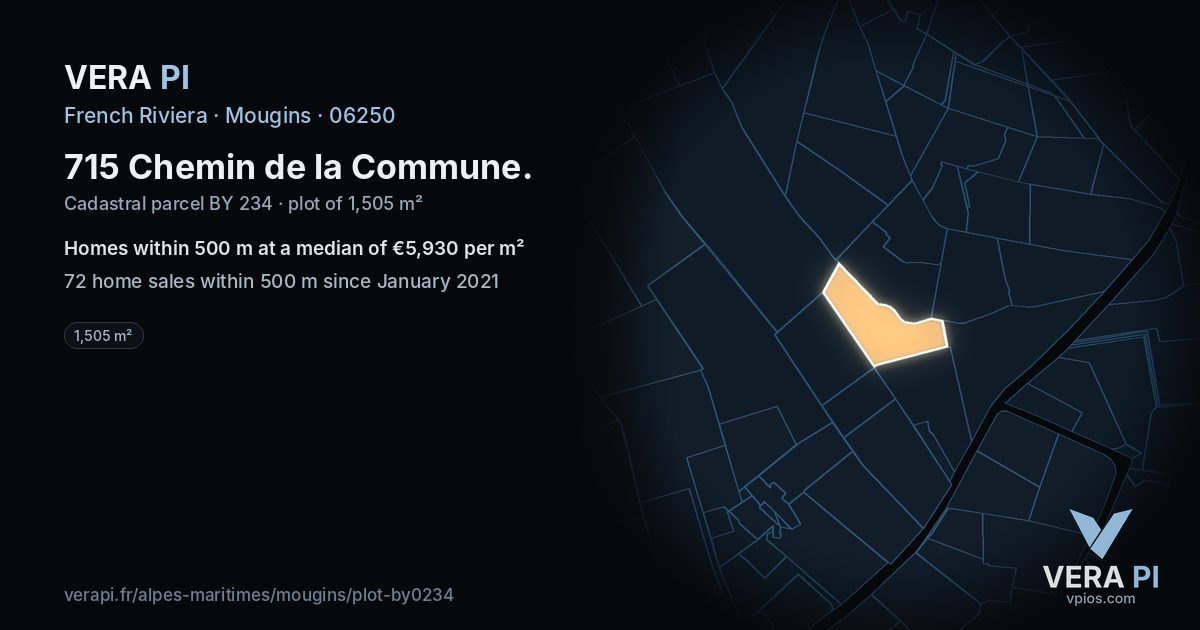 715 Chemin de la Commune, Mougins at night – the plot lit, the parcels around coloured by the prices near them