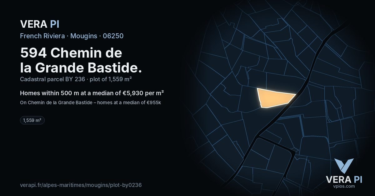 594 Chemin de la Grande Bastide, Mougins at night – the plot lit, the parcels around coloured by the prices near them
