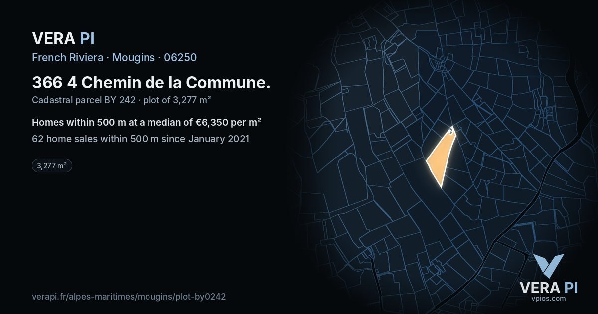366 4 Chemin de la Commune, Mougins at night – the plot lit, the parcels around coloured by the prices near them