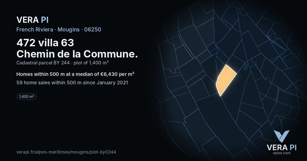 472 villa 63 Chemin de la Commune, Mougins at night – the plot lit, the parcels around coloured by the prices near them