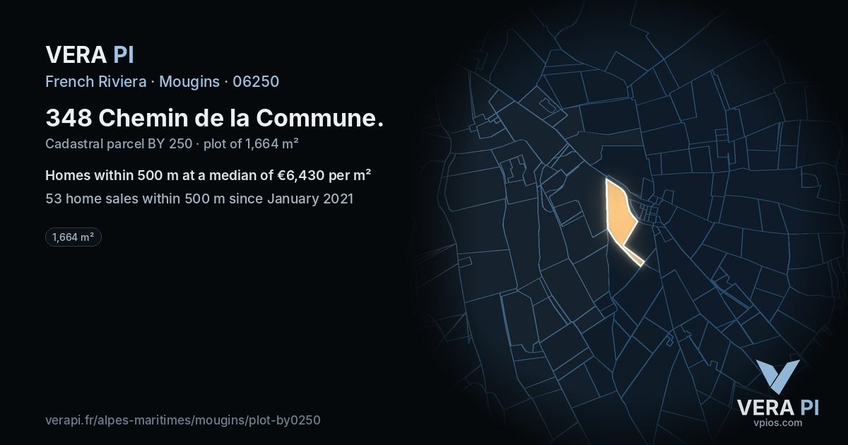 348 Chemin de la Commune, Mougins at night – the plot lit, the parcels around coloured by the prices near them