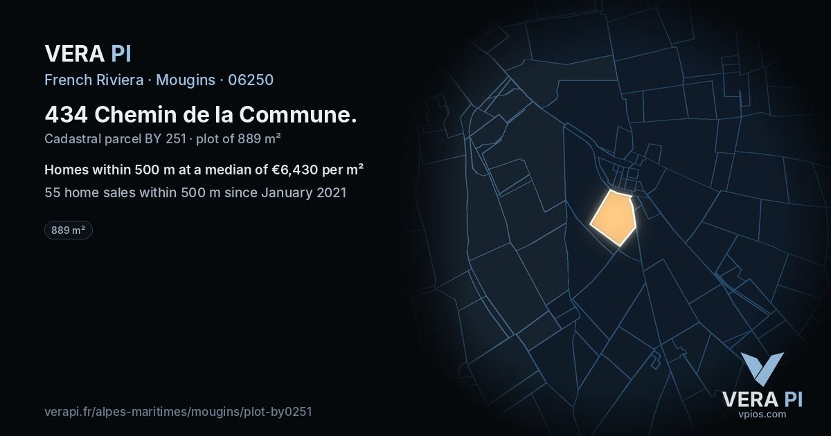 434 Chemin de la Commune, Mougins at night – the plot lit, the parcels around coloured by the prices near them
