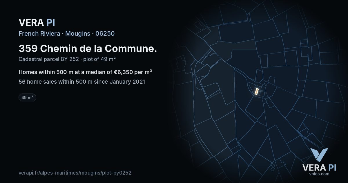 359 Chemin de la Commune, Mougins at night – the plot lit, the parcels around coloured by the prices near them
