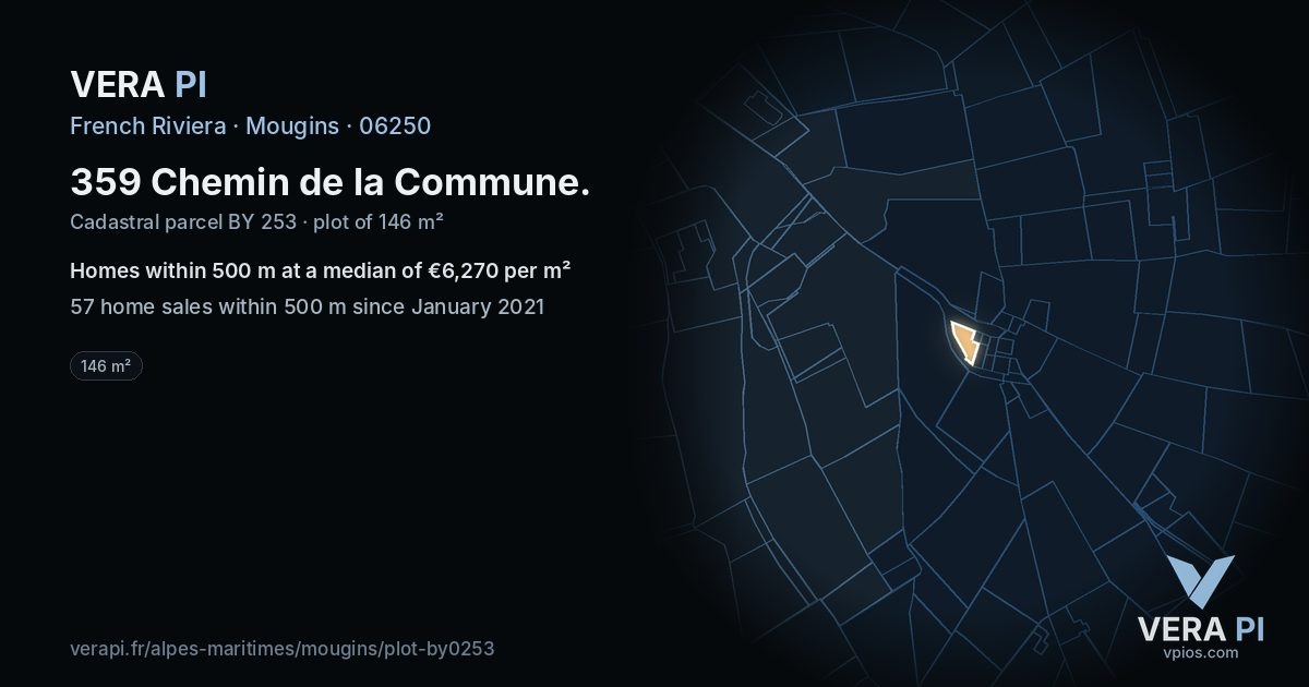 359 Chemin de la Commune, Mougins at night – the plot lit, the parcels around coloured by the prices near them
