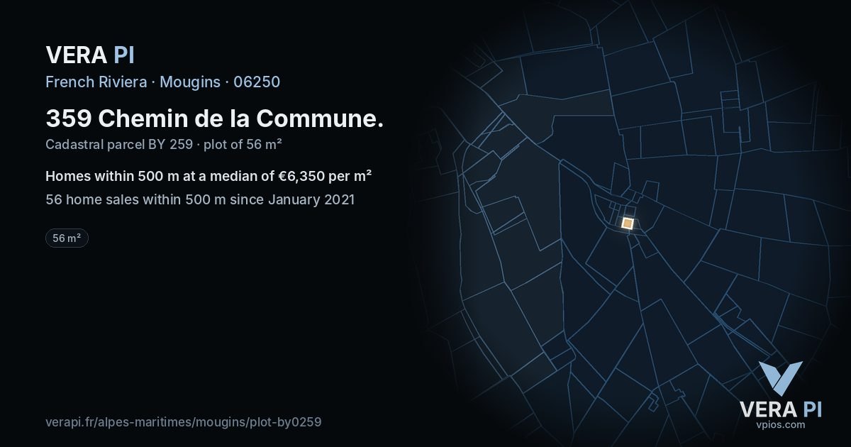 359 Chemin de la Commune, Mougins at night – the plot lit, the parcels around coloured by the prices near them