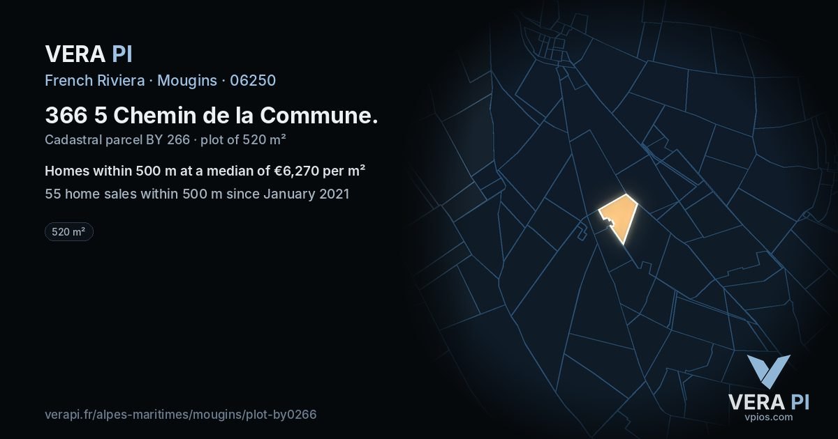 366 5 Chemin de la Commune, Mougins at night – the plot lit, the parcels around coloured by the prices near them