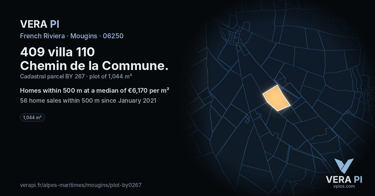 409 villa 110 Chemin de la Commune, Mougins at night – the plot lit, the parcels around coloured by the prices near them