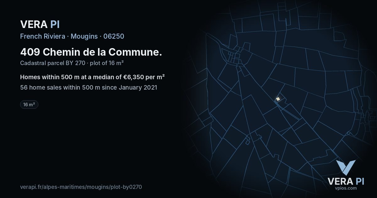 409 Chemin de la Commune, Mougins at night – the plot lit, the parcels around coloured by the prices near them