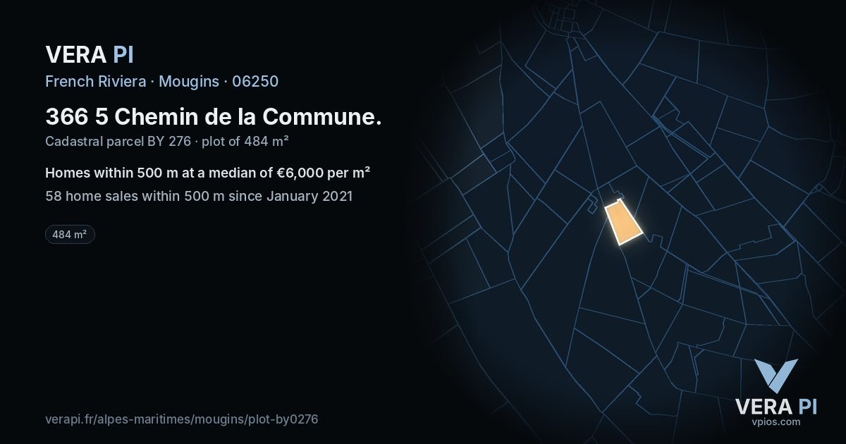 366 5 Chemin de la Commune, Mougins at night – the plot lit, the parcels around coloured by the prices near them
