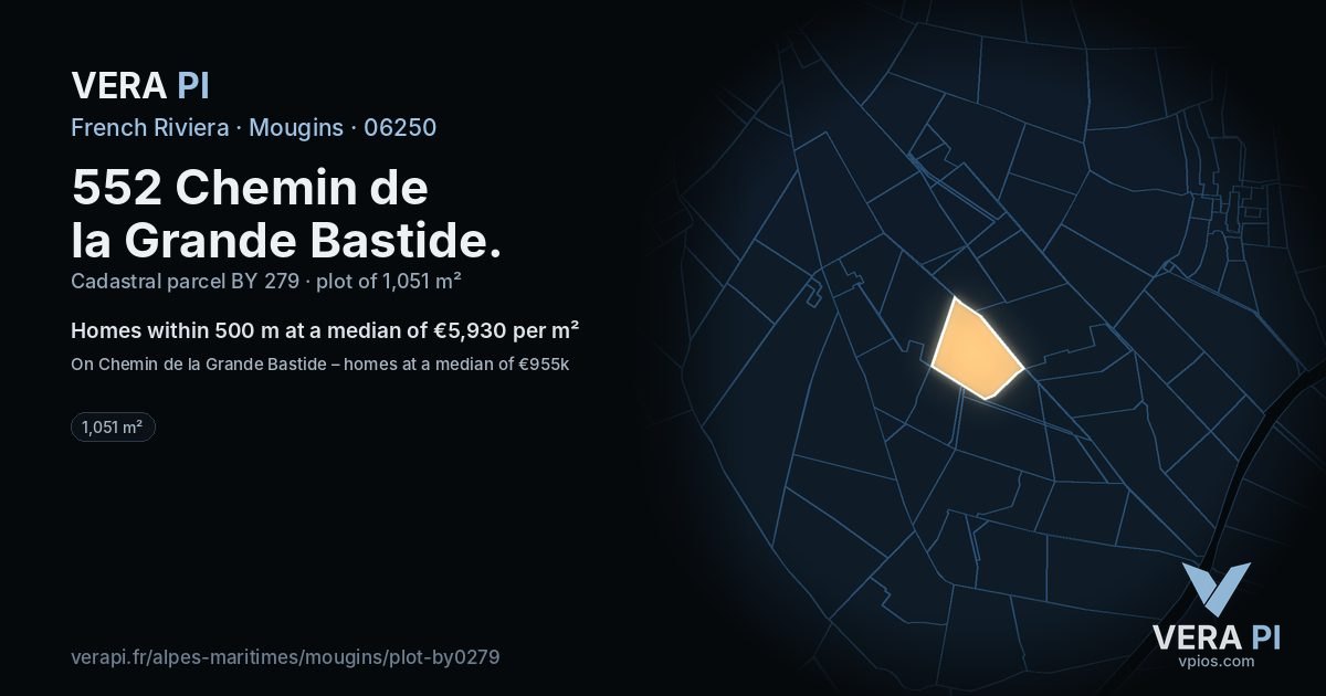 552 Chemin de la Grande Bastide, Mougins at night – the plot lit, the parcels around coloured by the prices near them