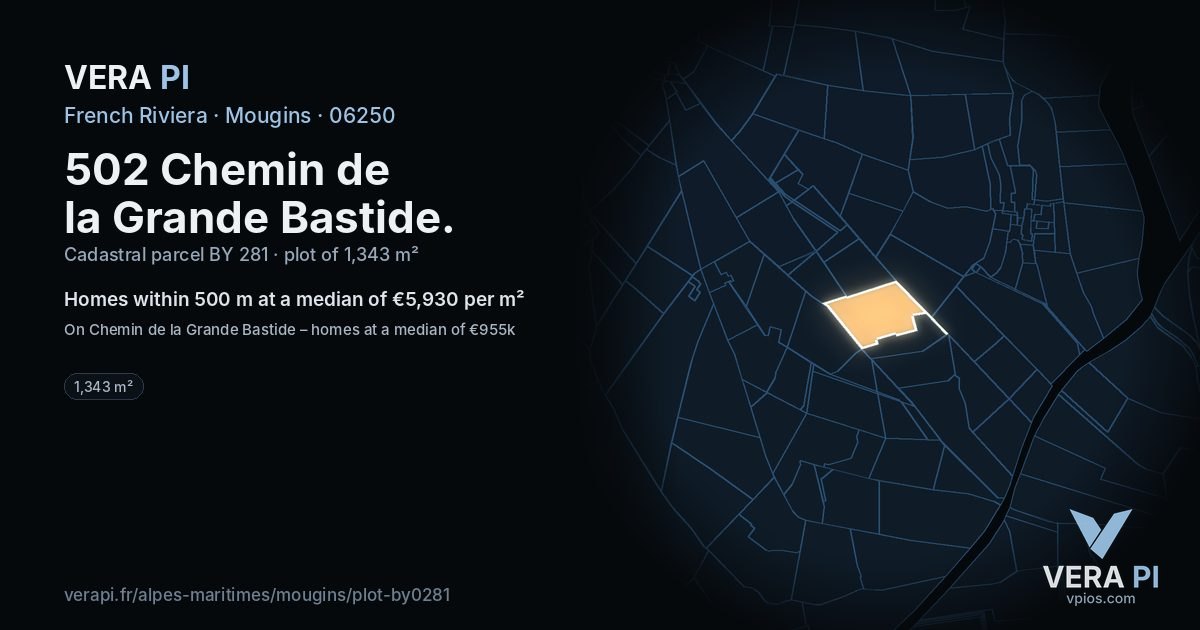 502 Chemin de la Grande Bastide, Mougins at night – the plot lit, the parcels around coloured by the prices near them