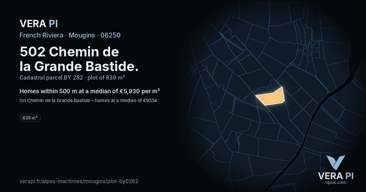 502 Chemin de la Grande Bastide, Mougins at night – the plot lit, the parcels around coloured by the prices near them