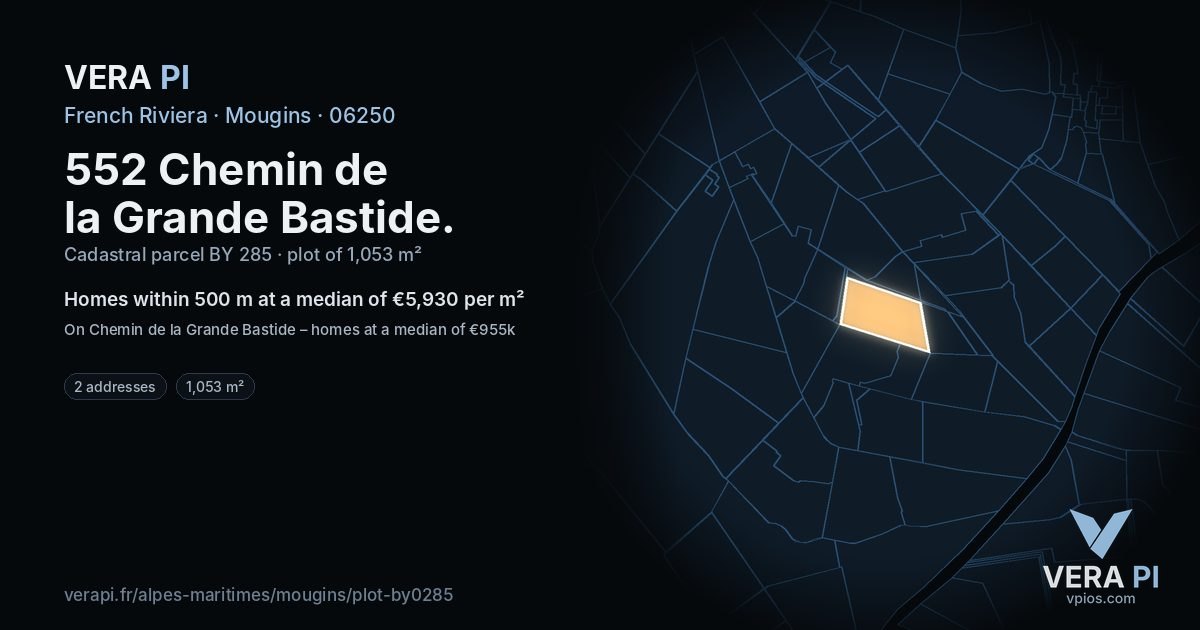 552 Chemin de la Grande Bastide, Mougins at night – the plot lit, the parcels around coloured by the prices near them
