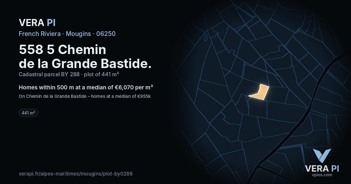 558 5 Chemin de la Grande Bastide, Mougins at night – the plot lit, the parcels around coloured by the prices near them