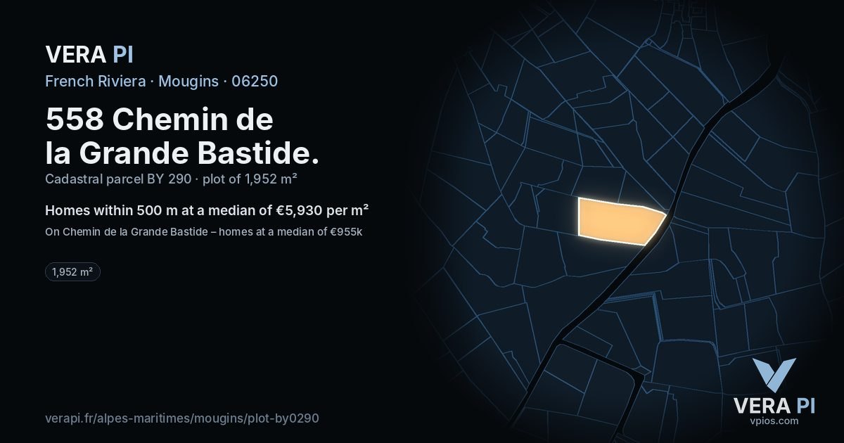558 Chemin de la Grande Bastide, Mougins at night – the plot lit, the parcels around coloured by the prices near them