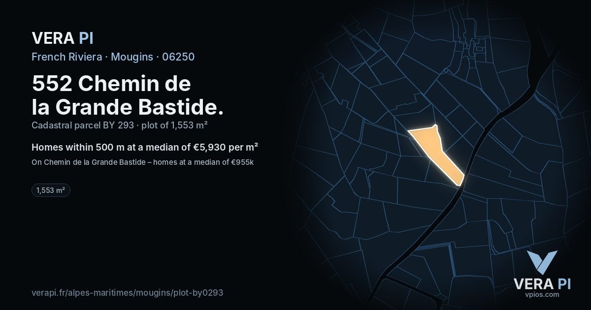 552 Chemin de la Grande Bastide, Mougins at night – the plot lit, the parcels around coloured by the prices near them